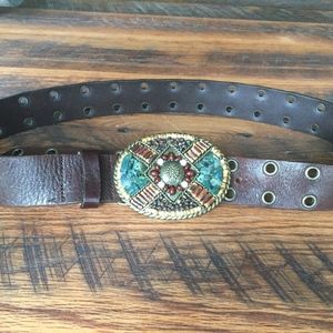 Brown Leather belt with turquoise stone buckle